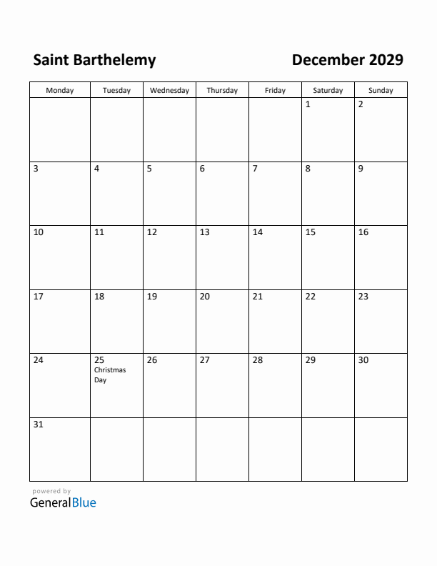 December 2029 Calendar with Saint Barthelemy Holidays