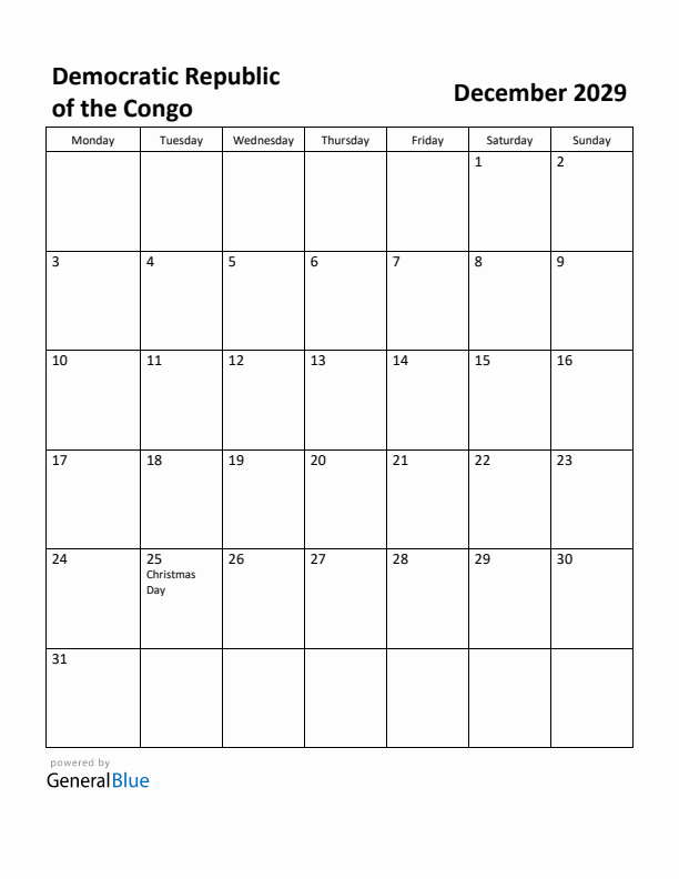 December 2029 Calendar with Democratic Republic of the Congo Holidays