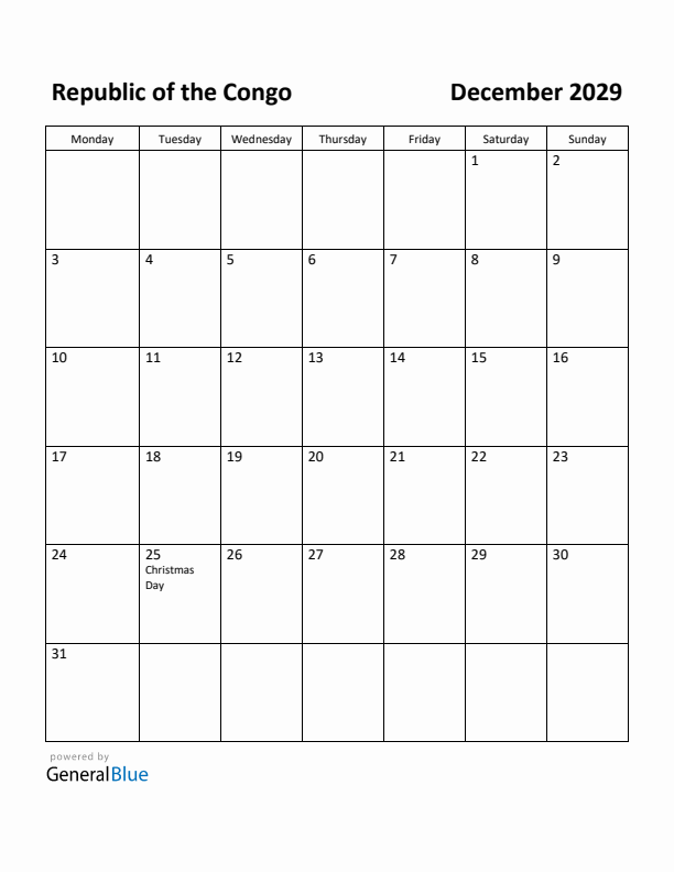December 2029 Calendar with Republic of the Congo Holidays