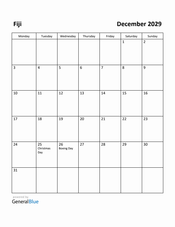 December 2029 Calendar with Fiji Holidays