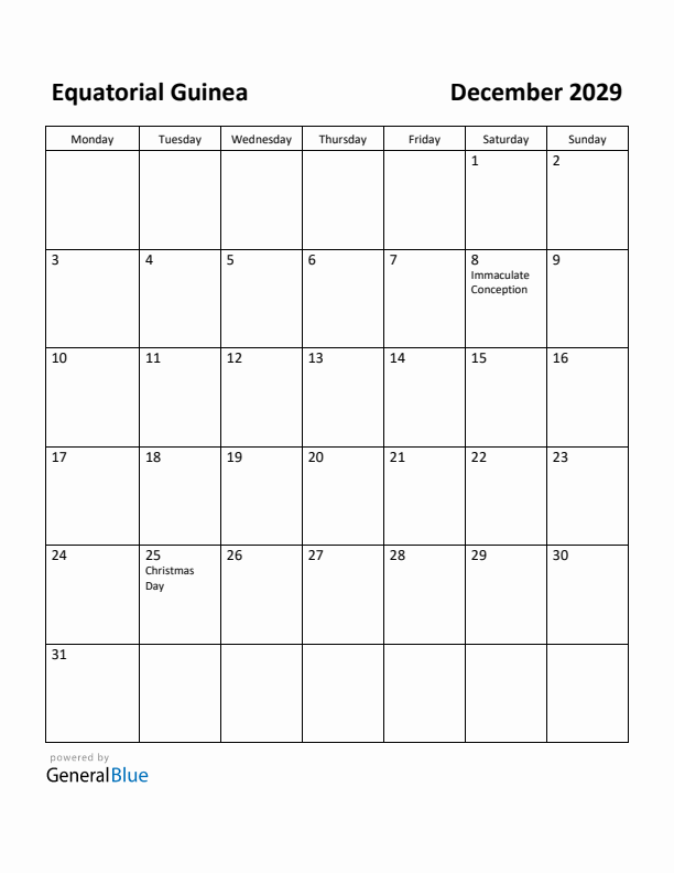 December 2029 Calendar with Equatorial Guinea Holidays