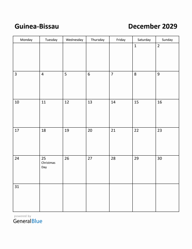 December 2029 Calendar with Guinea-Bissau Holidays