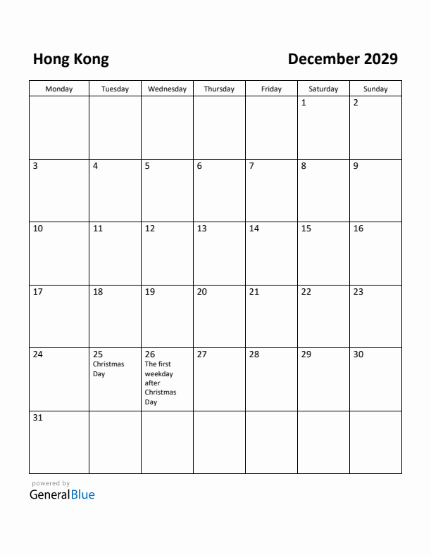December 2029 Calendar with Hong Kong Holidays