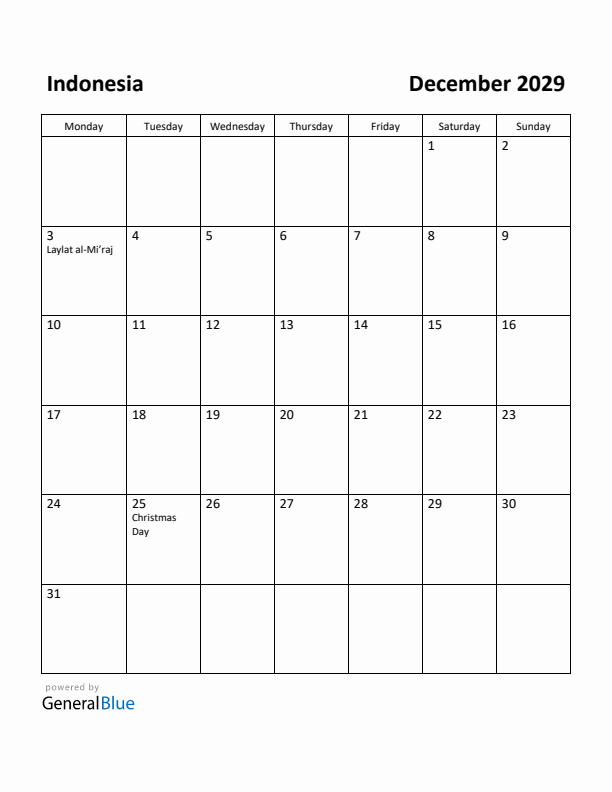December 2029 Calendar with Indonesia Holidays