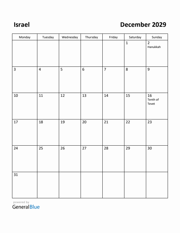 December 2029 Calendar with Israel Holidays