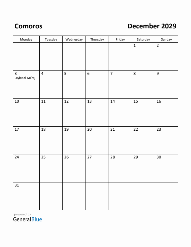 December 2029 Calendar with Comoros Holidays