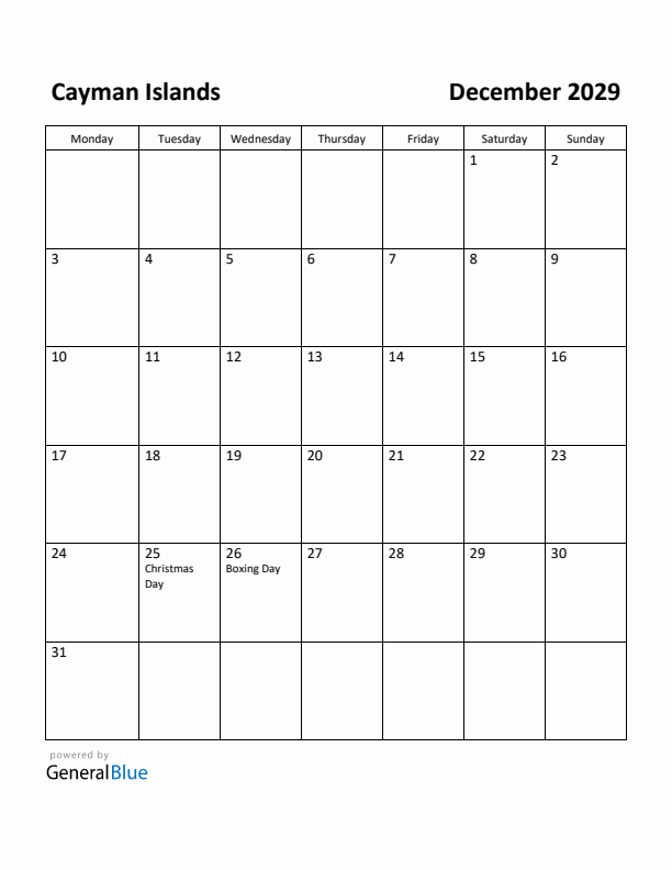 December 2029 Calendar with Cayman Islands Holidays