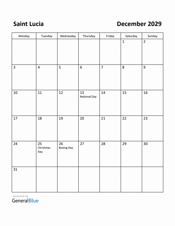 December 2029 Calendar with Saint Lucia Holidays