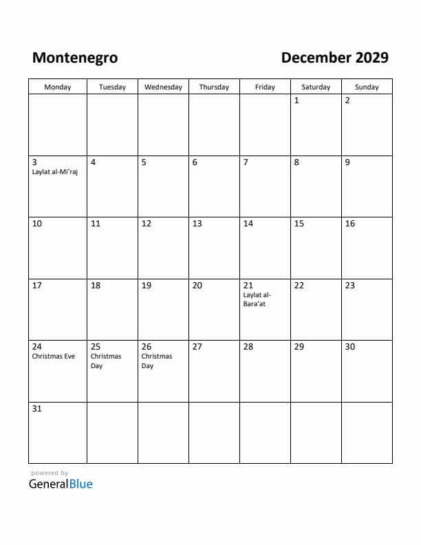December 2029 Calendar with Montenegro Holidays
