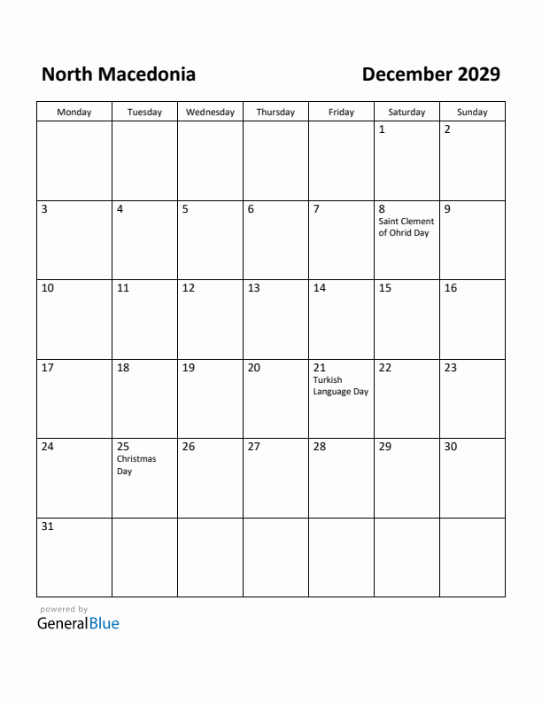 December 2029 Calendar with North Macedonia Holidays