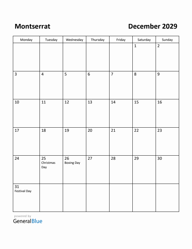 December 2029 Calendar with Montserrat Holidays