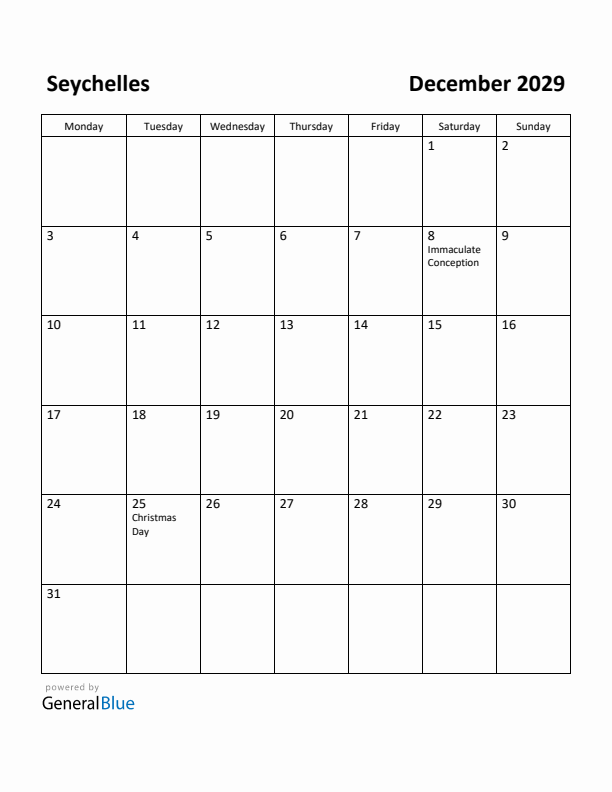 December 2029 Calendar with Seychelles Holidays