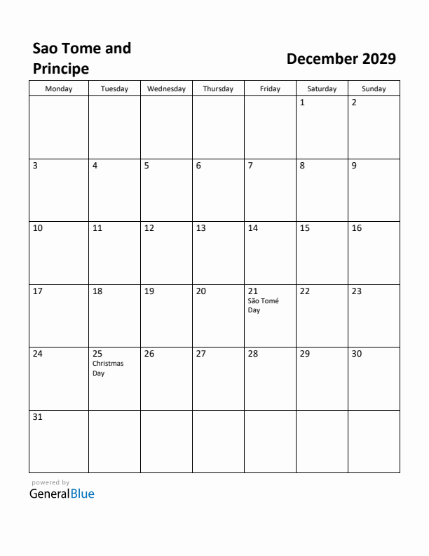 December 2029 Calendar with Sao Tome and Principe Holidays