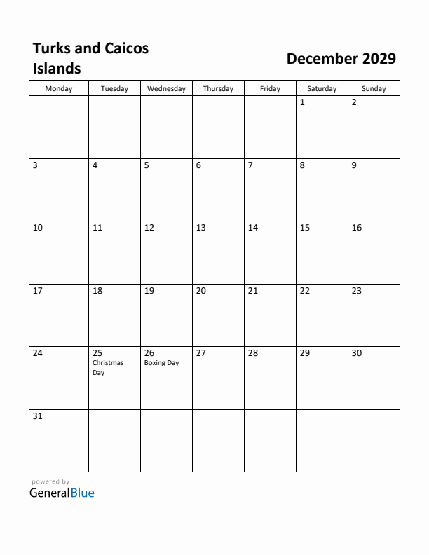 December 2029 Calendar with Turks and Caicos Islands Holidays