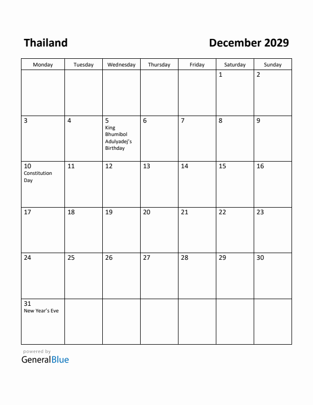 December 2029 Calendar with Thailand Holidays