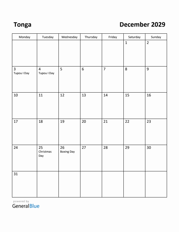 December 2029 Calendar with Tonga Holidays