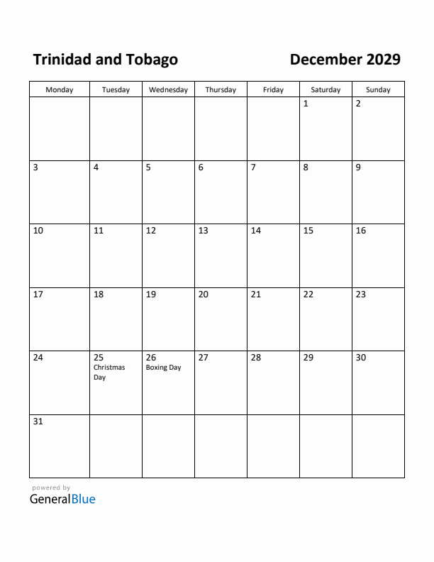 December 2029 Calendar with Trinidad and Tobago Holidays