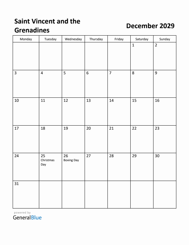 December 2029 Calendar with Saint Vincent and the Grenadines Holidays