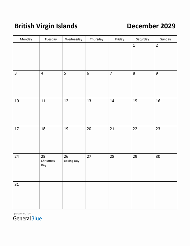 December 2029 Calendar with British Virgin Islands Holidays