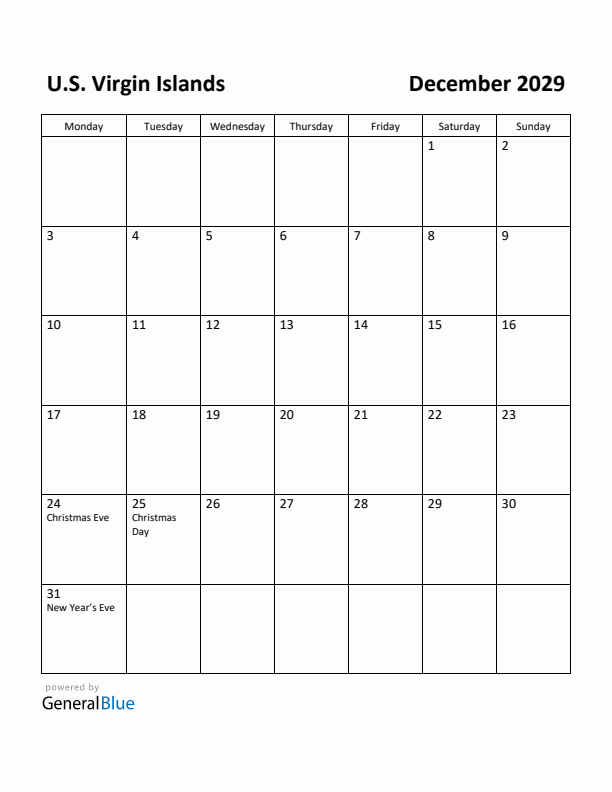 December 2029 Calendar with U.S. Virgin Islands Holidays