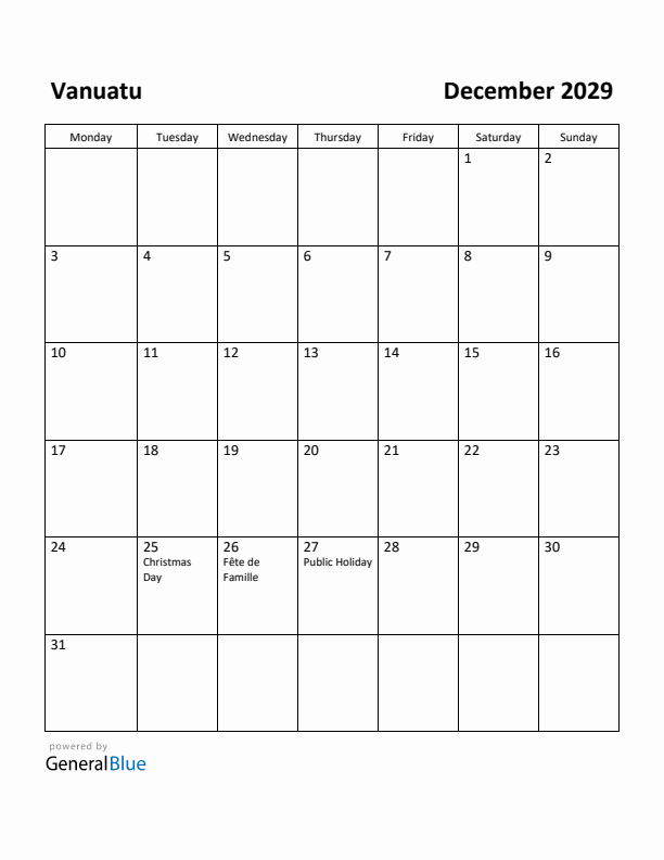 December 2029 Calendar with Vanuatu Holidays