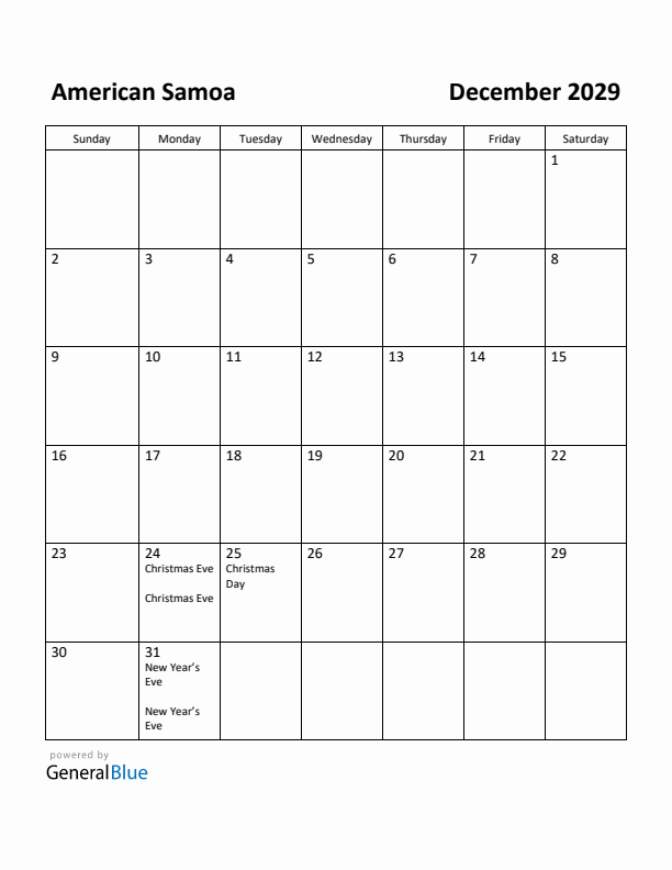 December 2029 Calendar with American Samoa Holidays