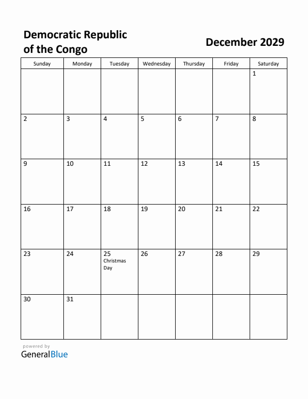 December 2029 Calendar with Democratic Republic of the Congo Holidays