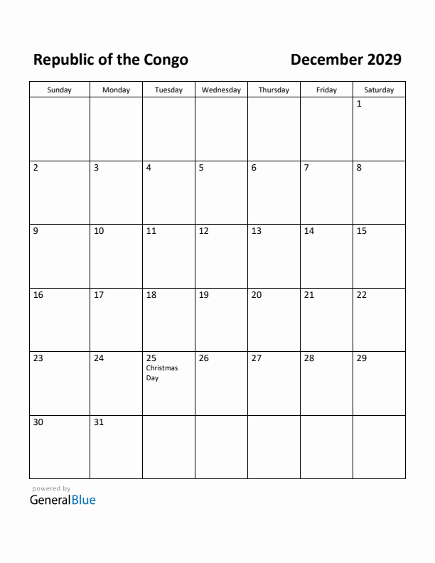 December 2029 Calendar with Republic of the Congo Holidays