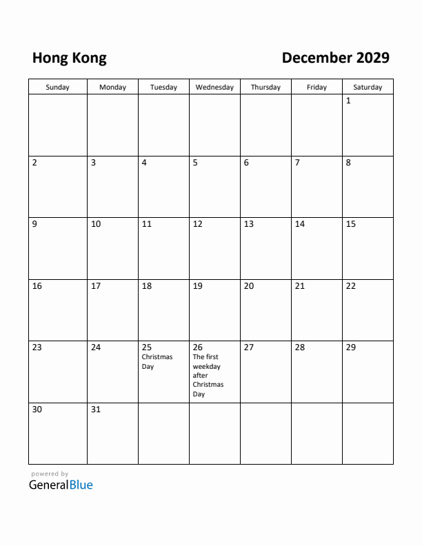 December 2029 Calendar with Hong Kong Holidays