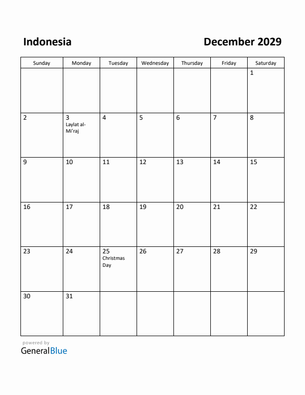 December 2029 Calendar with Indonesia Holidays