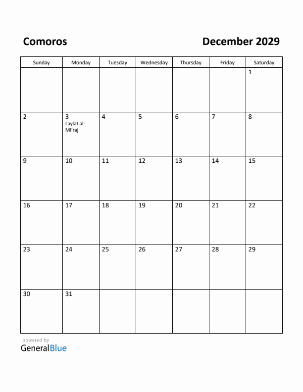 December 2029 Calendar with Comoros Holidays