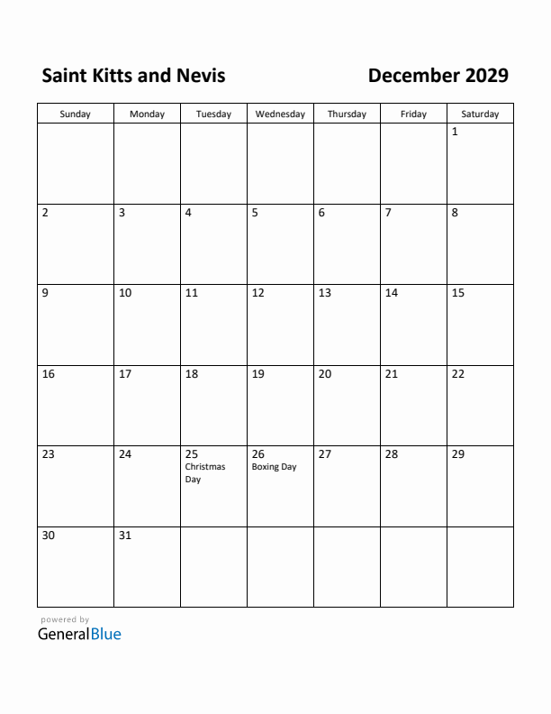 December 2029 Calendar with Saint Kitts and Nevis Holidays