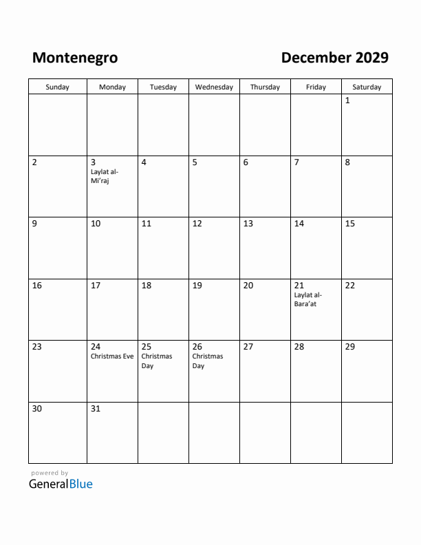December 2029 Calendar with Montenegro Holidays