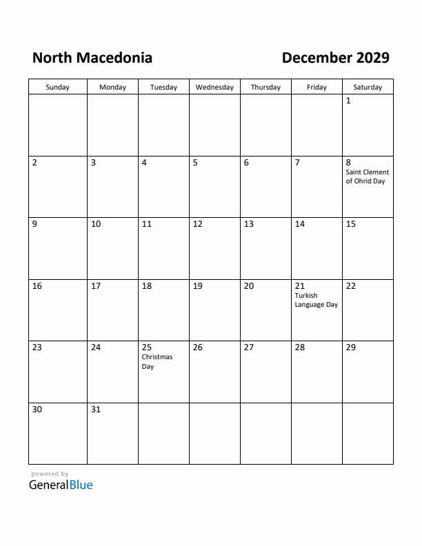 December 2029 Calendar with North Macedonia Holidays