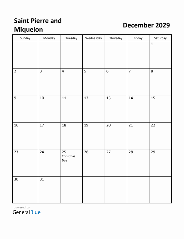 December 2029 Calendar with Saint Pierre and Miquelon Holidays