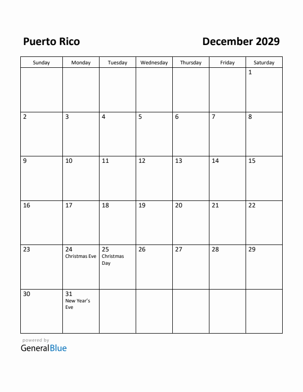 December 2029 Calendar with Puerto Rico Holidays