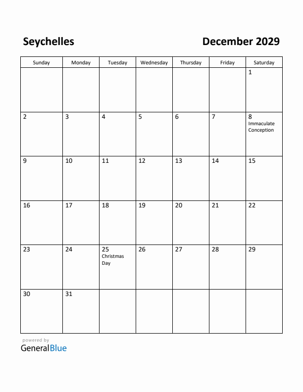December 2029 Calendar with Seychelles Holidays