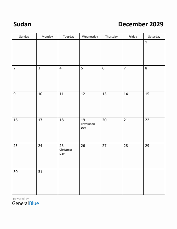 December 2029 Calendar with Sudan Holidays