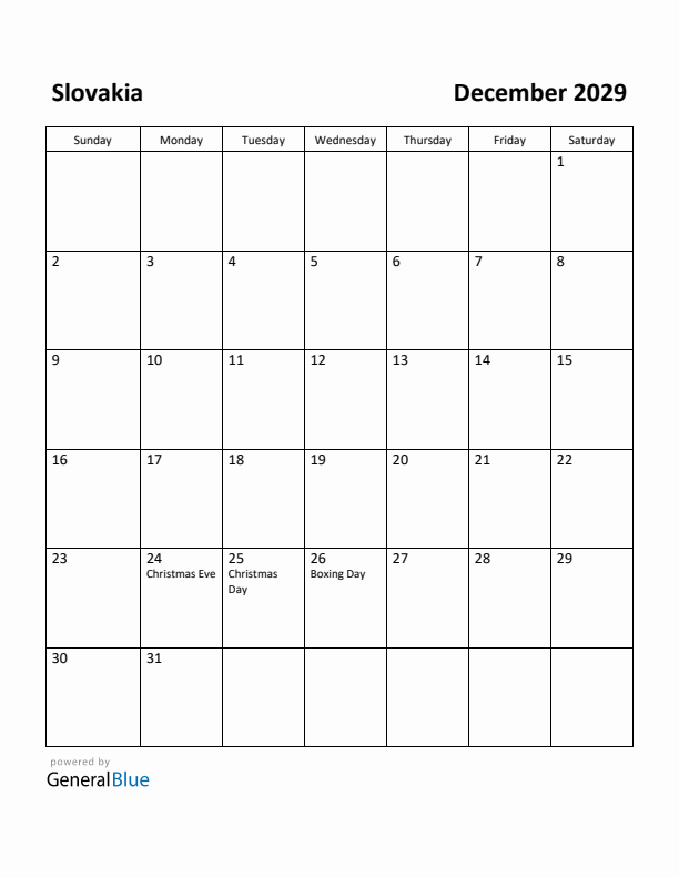 December 2029 Calendar with Slovakia Holidays