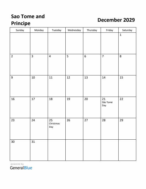 December 2029 Calendar with Sao Tome and Principe Holidays