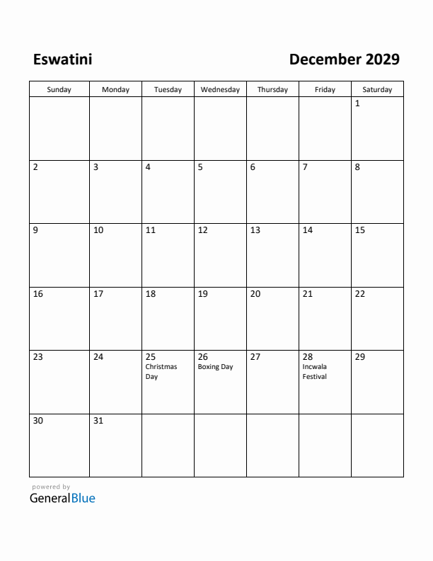 December 2029 Calendar with Eswatini Holidays