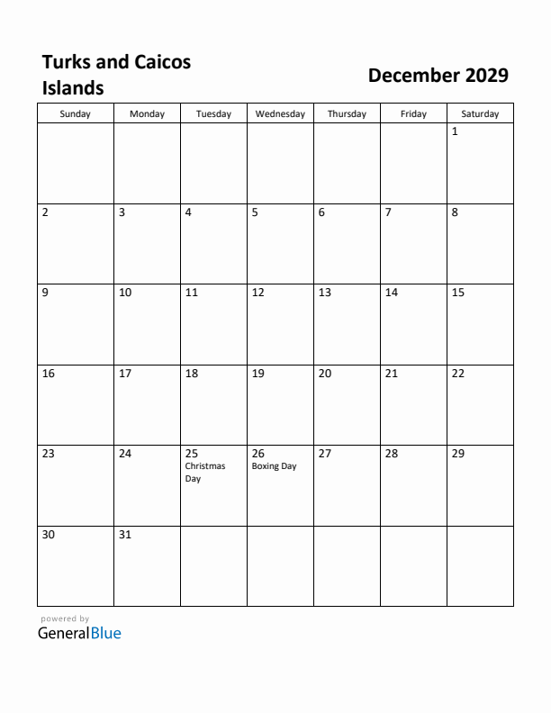 December 2029 Calendar with Turks and Caicos Islands Holidays