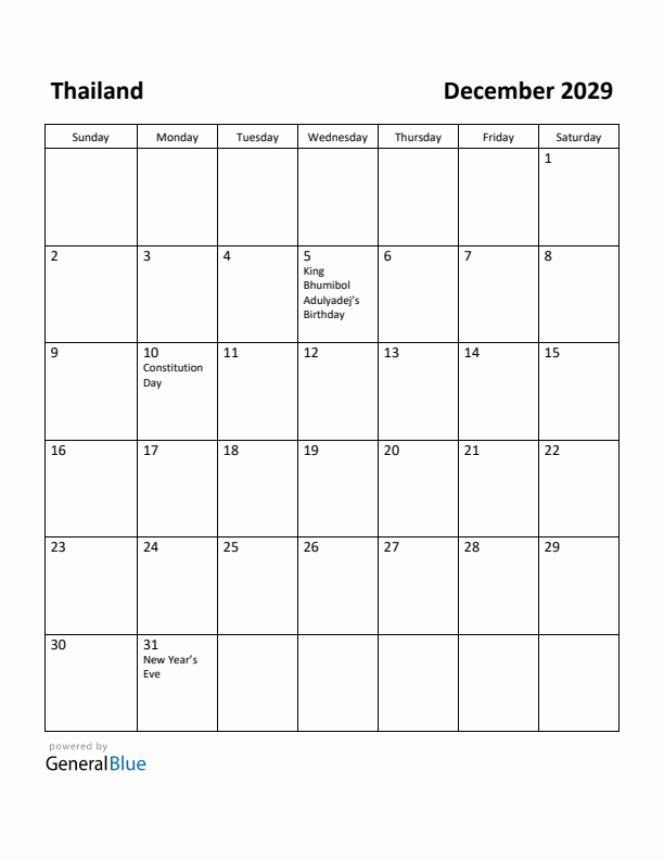 December 2029 Calendar with Thailand Holidays