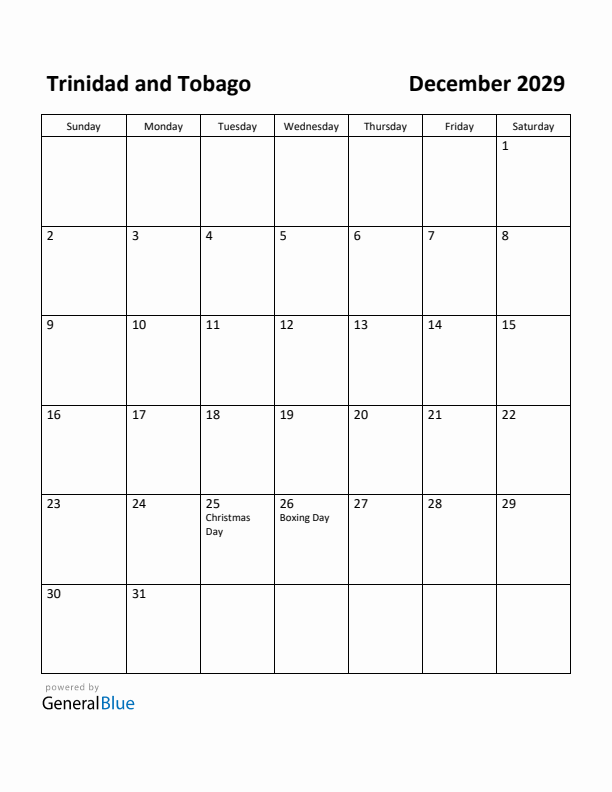 December 2029 Calendar with Trinidad and Tobago Holidays