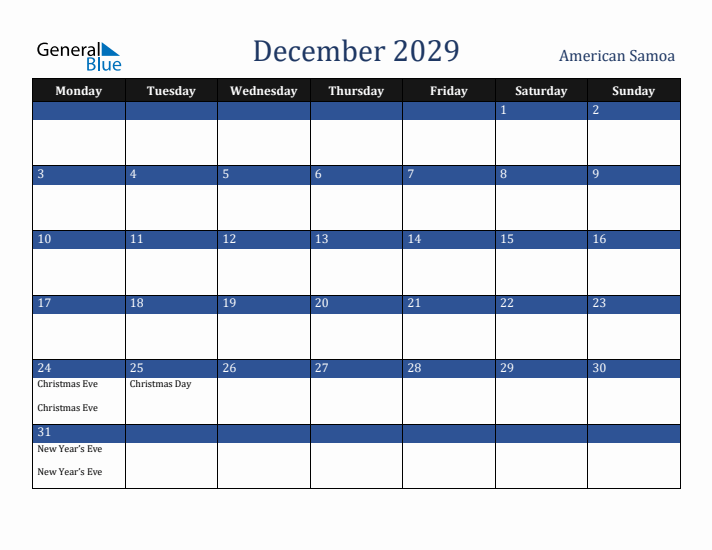 December 2029 American Samoa Calendar (Monday Start)