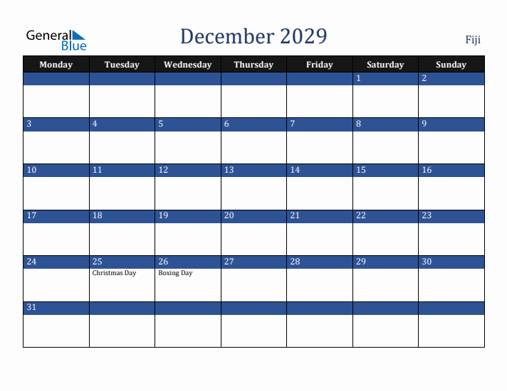December 2029 Fiji Calendar (Monday Start)