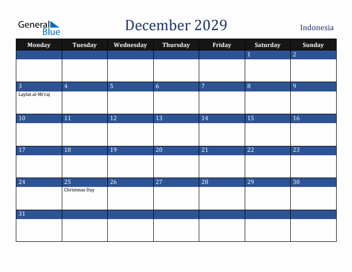 December 2029 Indonesia Calendar (Monday Start)