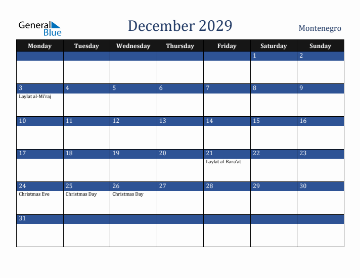 December 2029 Montenegro Calendar (Monday Start)