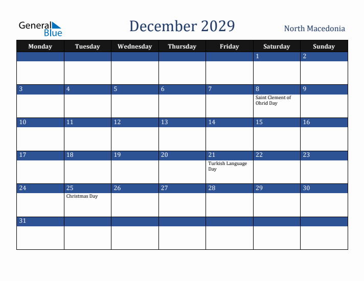December 2029 North Macedonia Calendar (Monday Start)