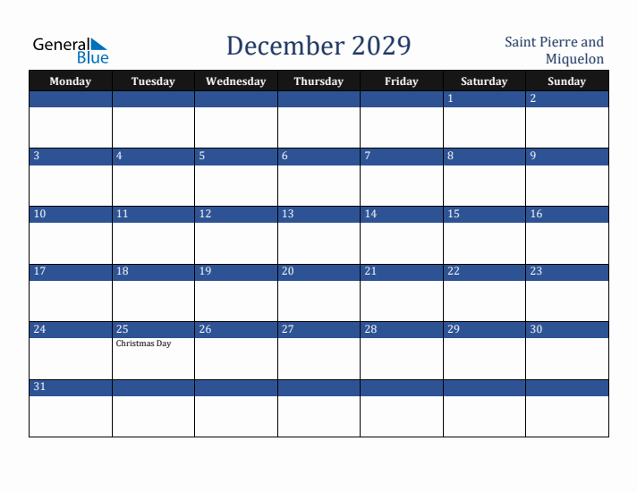 December 2029 Saint Pierre and Miquelon Calendar (Monday Start)